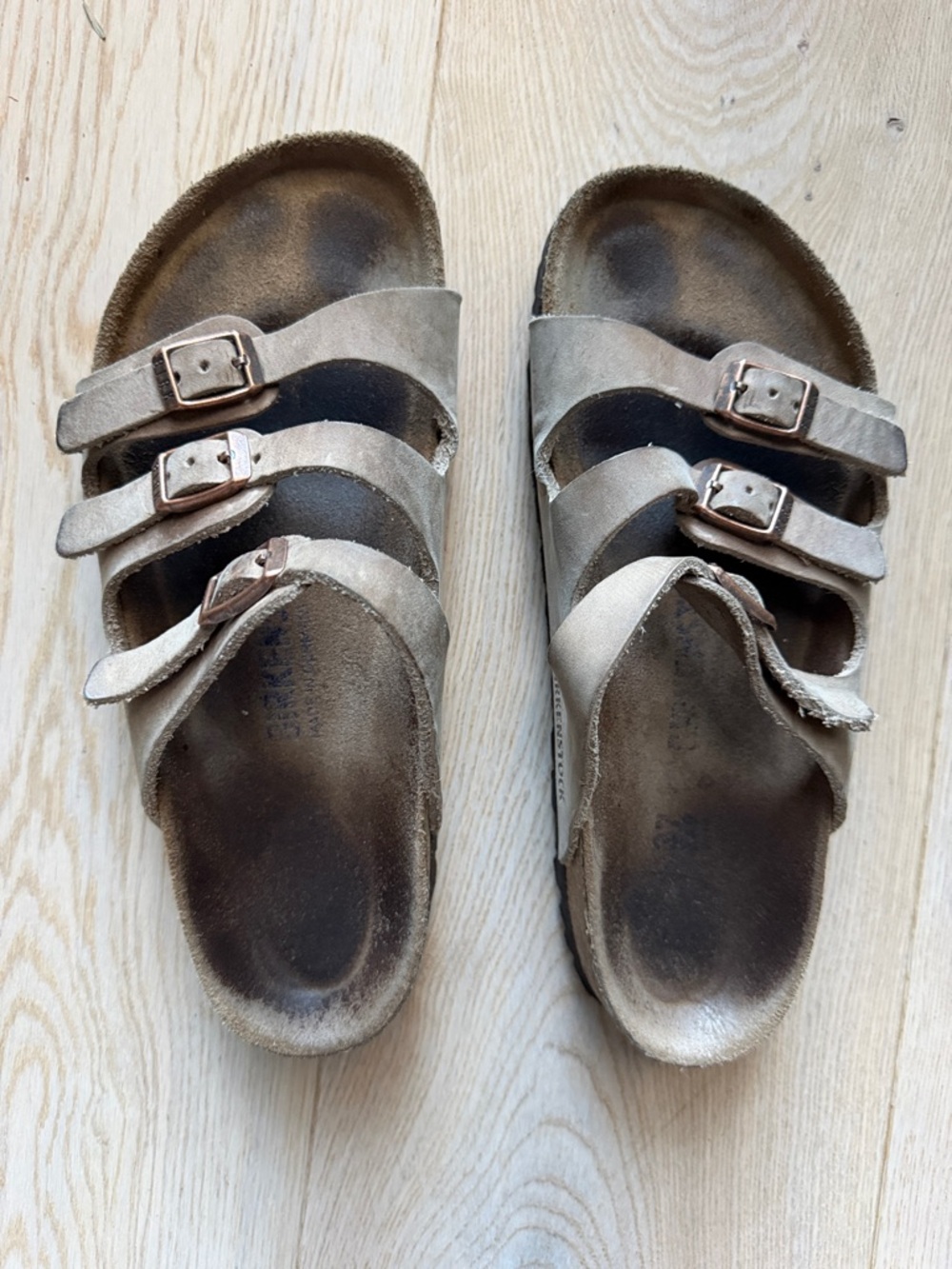 Birkenstock Triple-strap Suede Slides in Taupe